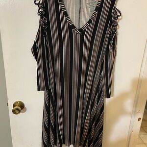 torrid Black and Cream Striped V-Neck Cold-Shoulder Midi Dress